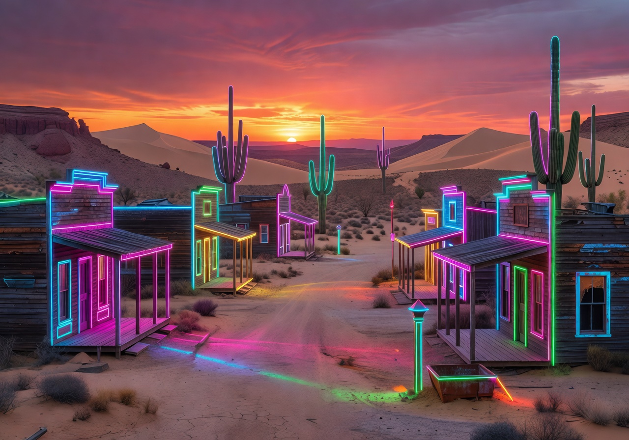 Wild west desert at sunset with glowing neon aesthetic